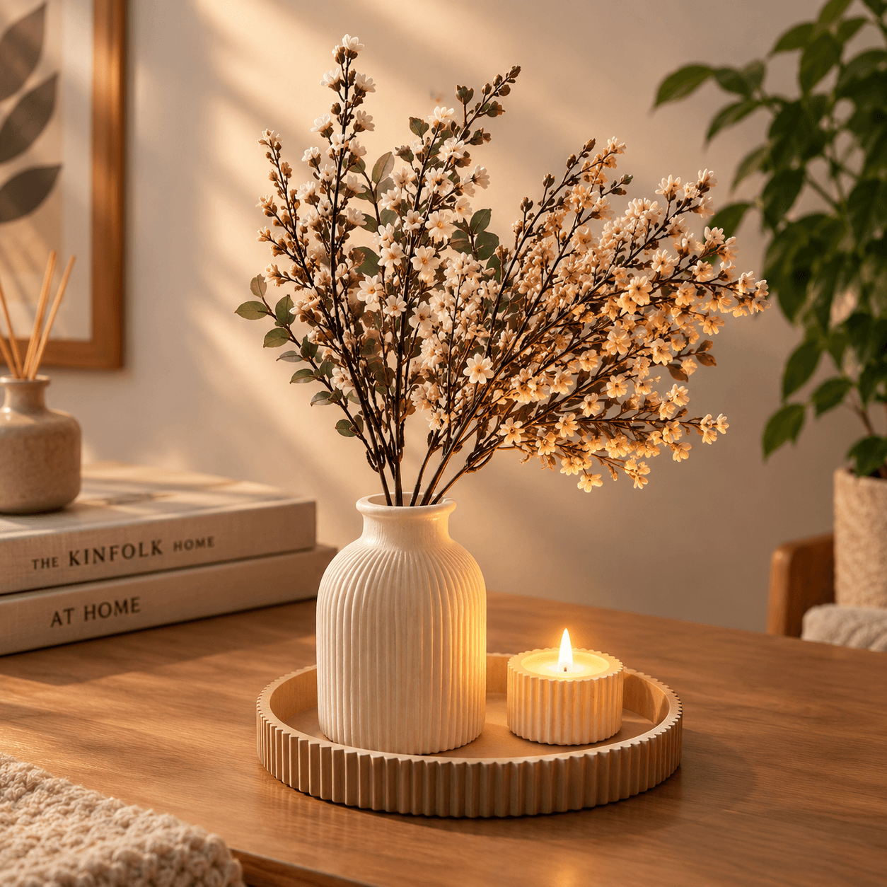 3'lü Minimalist Dekorasyon Seti - Tepsi, Mumluk ve Vazo (12 cm) - Beyaz - 1
